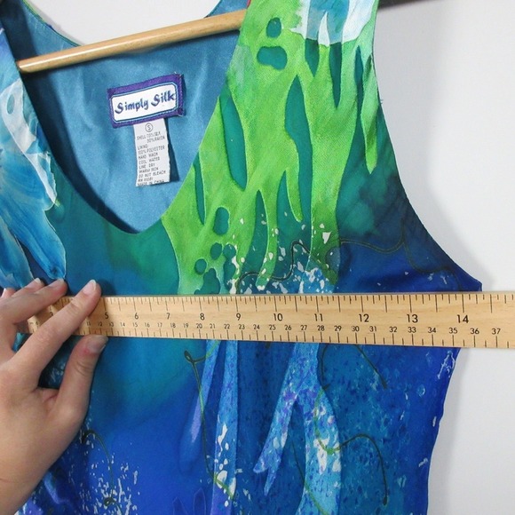 Simply Silk Watercolor Silk Vacation Dress S Blue Art Ruffle Hem Vtg y2k 124 - Picture 6 of 11